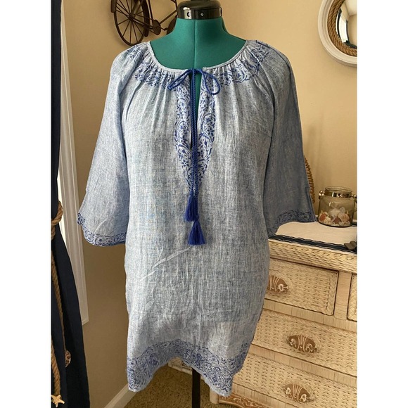 Tunic Swim Cover Up Blue Chambray Medium Tassel Tie Neckline 3/4 Sleeves NEW - Picture 1 of 9
